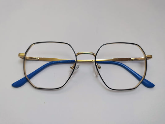 Eyeglasses with gold frame and blue arms on a light gray background